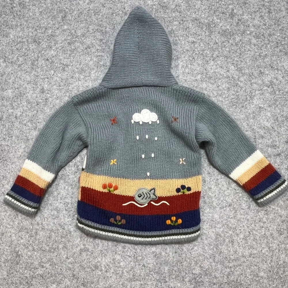 Vintage‎ Style Hand Knit Animal Scene Hooded Zip Cardigan Blue Kids 12-18 Months